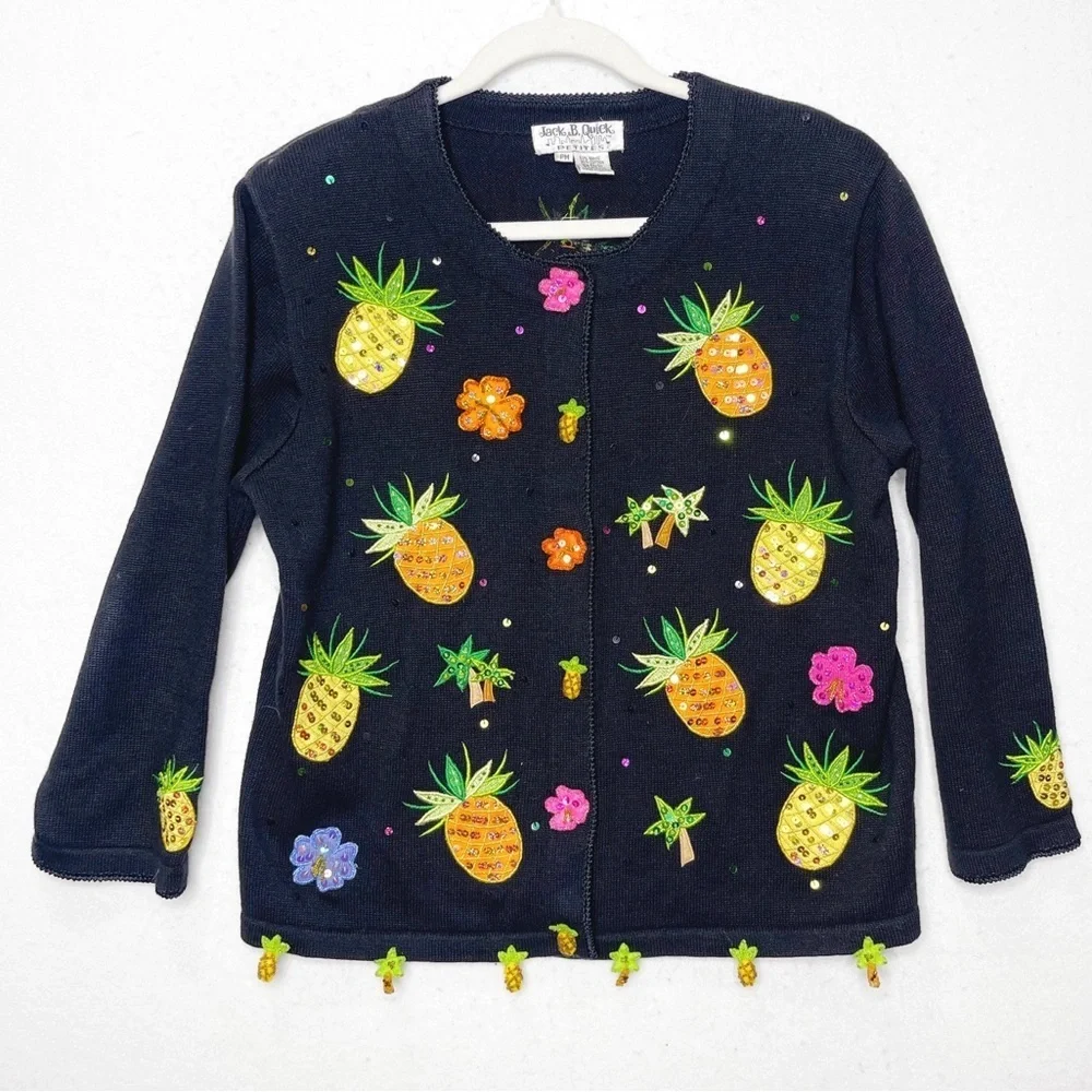 Vintage JACK B. QUICK Tropical Embellished Pineapple Cardigan Medium Petite